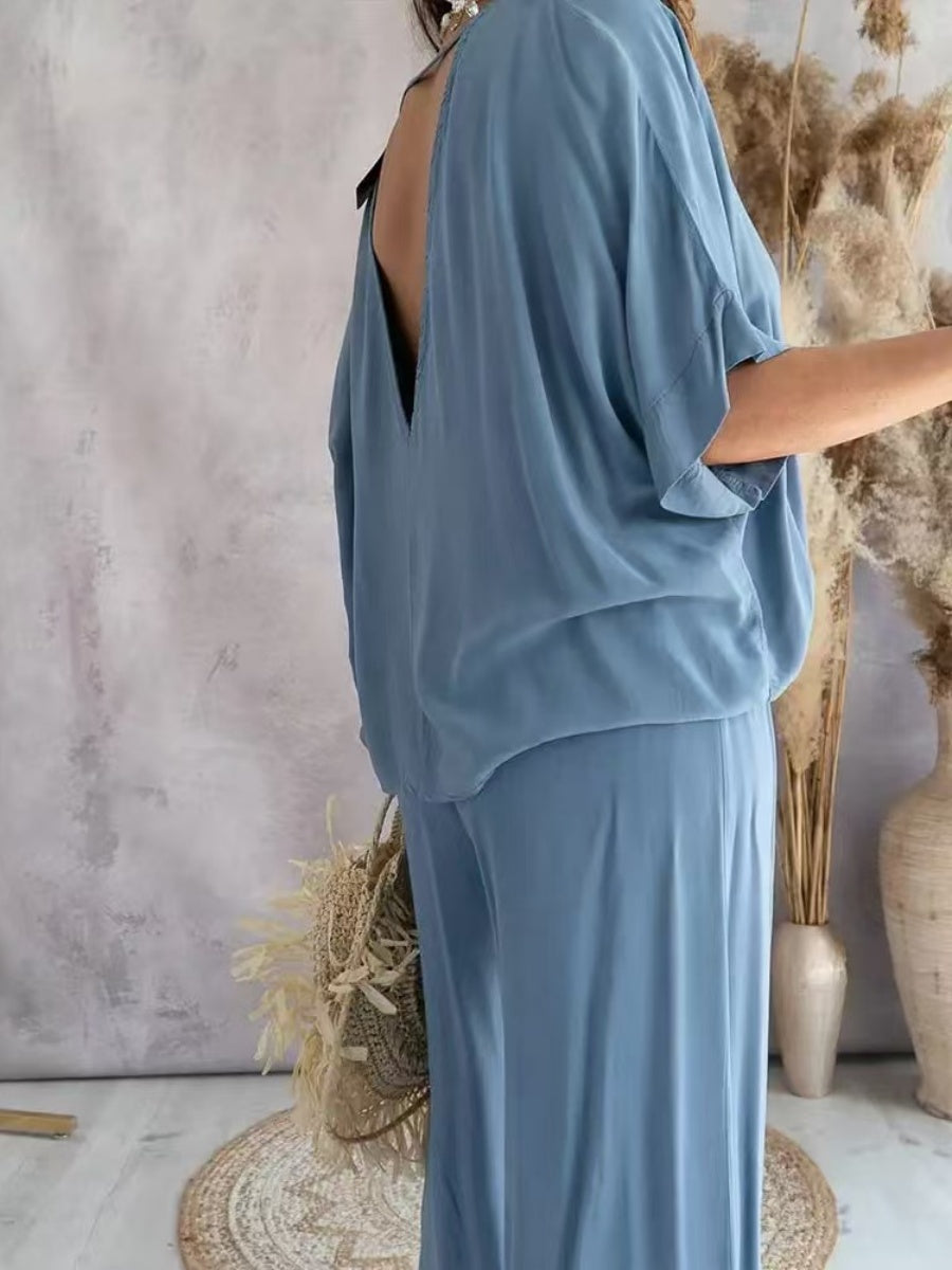 V-neck Batwing Sleeve Casual Loose Wide-leg Pants Two-piece Set