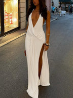 Deep V-neck Backless Gathering Slit Parties Maxi Dresses