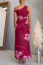 Asymmetric One Shoulder Floral Print Bodycon Maxi Dress