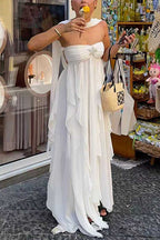 Sleeveless Open Back Ruffle Trim Slit Maxi Dress