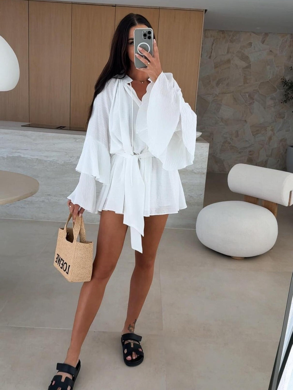 V-neck, Irregular Tie-waist, Long-sleeved, Loose-fitting Short Dress