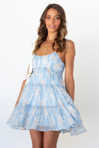 Tie Shoulder Floral Print Tiered Ruffle Mini Dress