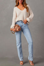 Raw Hem Distressed Straight Leg Denim Pants