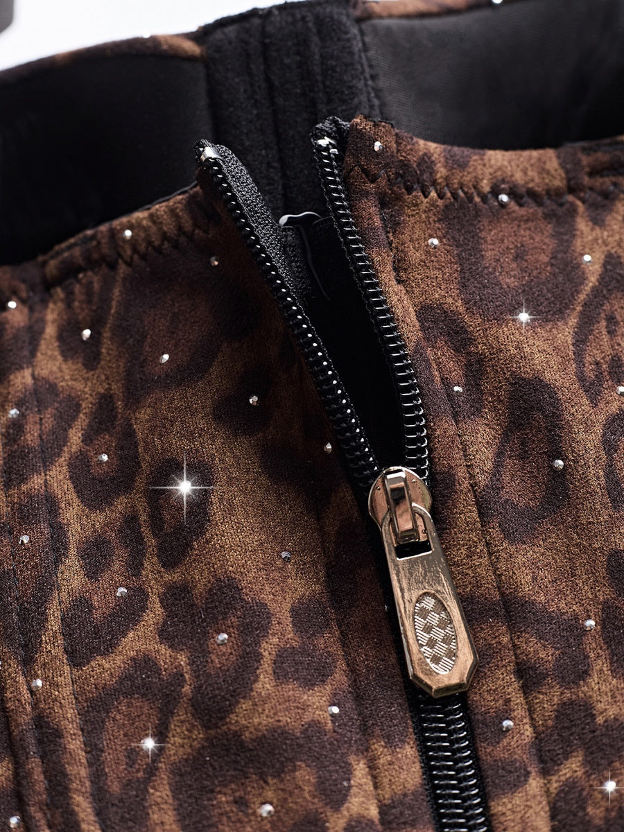 Rhinestone-studded Body Shaping Fish Bones Leopard Print Camisoles
