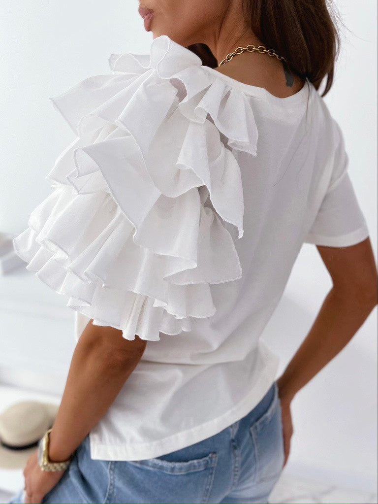 Ruffled Short-sleeved Crew Neck T-shirt