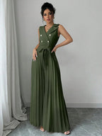 Commuting Suit Collar Pleated Pants Double-breasted Jumpsuits