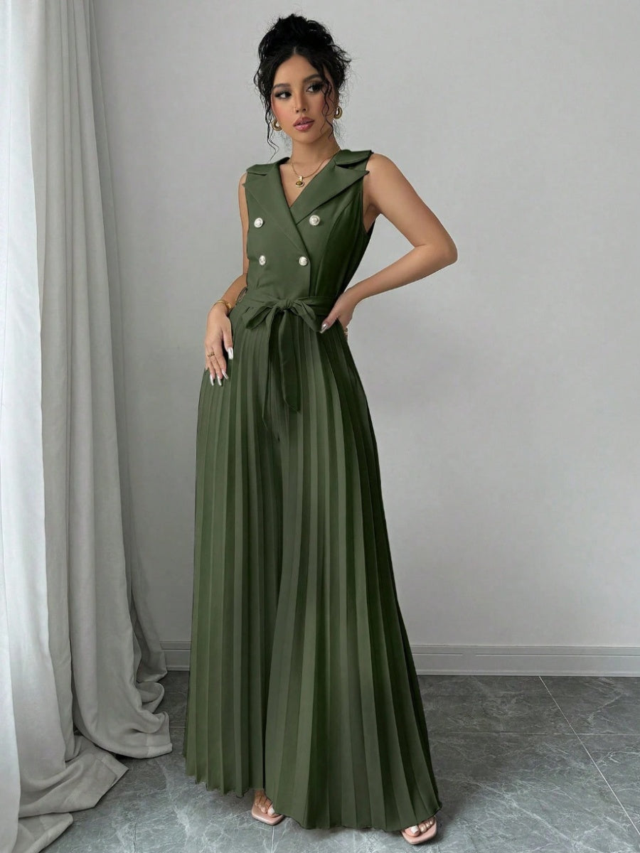 Commuting Suit Collar Pleated Pants Double-breasted Jumpsuits