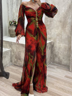 Crimp Long Sleeve Floral Printed Reunion Maxi Dresses