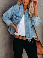 Raw Hem Button Down Short Denim Jacket