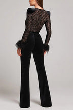 Feather Cuffs Bell Bottom Velvet Splice Jumpsuit