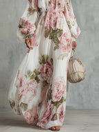 Off Shoulder Balloon Sleeve All-over Print Maxi Dresses