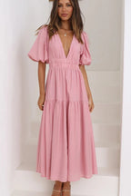 Deep V-Neck Smocked Waist Puff Sleeve Tiered Midi Dress