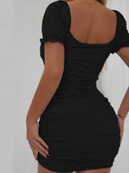 Hollow-out Pleated Puff Sleeve Bodycon Mini Dress