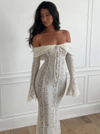 Lace Hollow Off Shoulder Flared Sleeves Hip-hugging Maxi Dresses