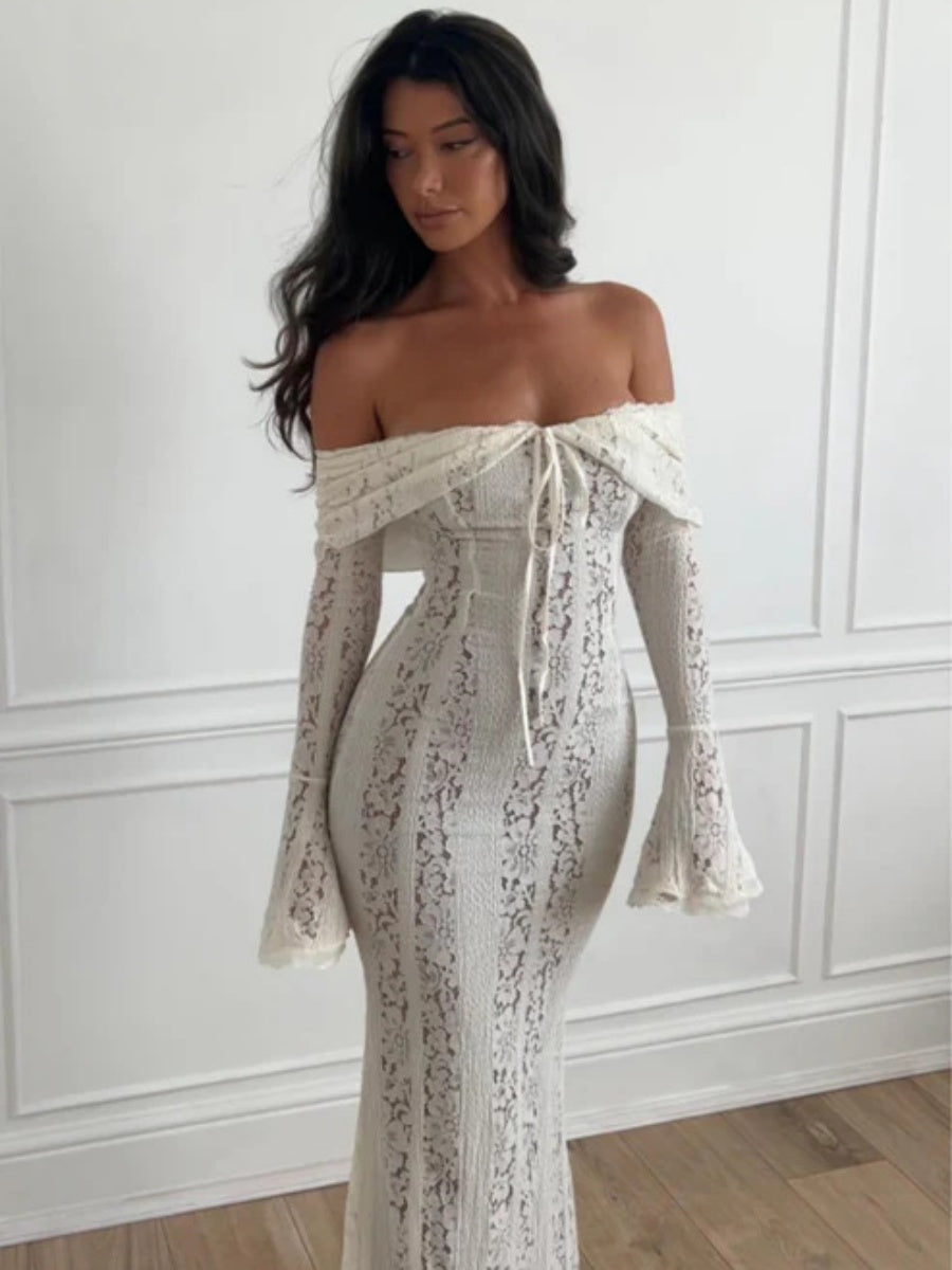 Lace Hollow Off Shoulder Flared Sleeves Hip-hugging Maxi Dresses