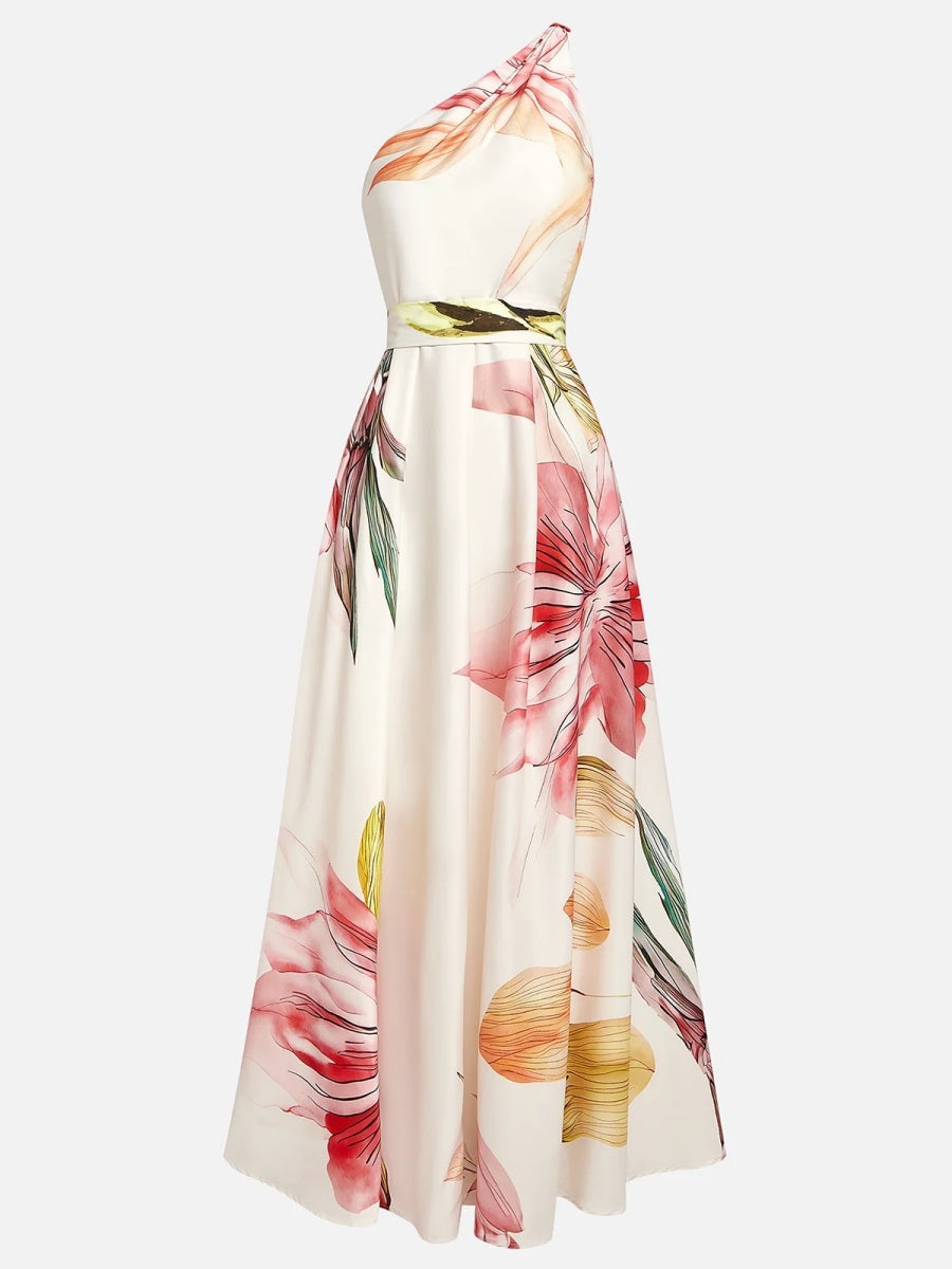 One-shoulder Floral Print Party Vacation Long Dress