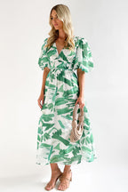 Abstract Geometric Print Deep V-Neck Puff Sleeve Cinched Waist Maxi Dress