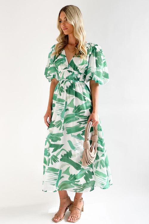 Abstract Geometric Print Deep V-Neck Puff Sleeve Cinched Waist Maxi Dress