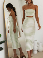 Strapless Ribbed Knit Striped Faux Two Piece Cutout Midi Dress