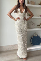 V Neck Plunge Rose Applique Bodycon Maxi Cami Dress