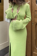 Tie-up Flare Sleeve Cardigan Knitted Skirt Set