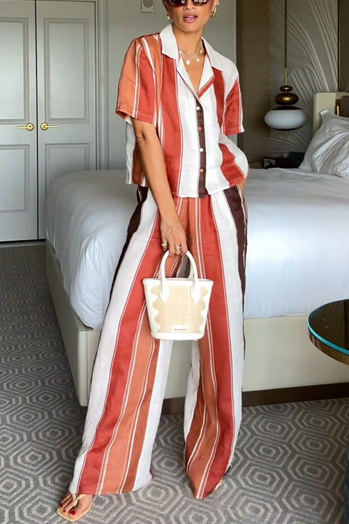 Striped Short Sleeves Button Down Shirt Wide Leg Pants Set