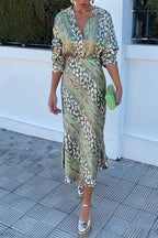 Printed Long Sleeves Button Up Shirt High Waist Midi Skirt Set