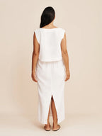 Cotton And Linen Loose-fitting Crew Neck Cropped Vest High-waisted Midi Skirt Set 2-piece Sets