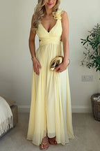 V Neck Sleeveless Cut Out Waist Ruffle Maxi Dress