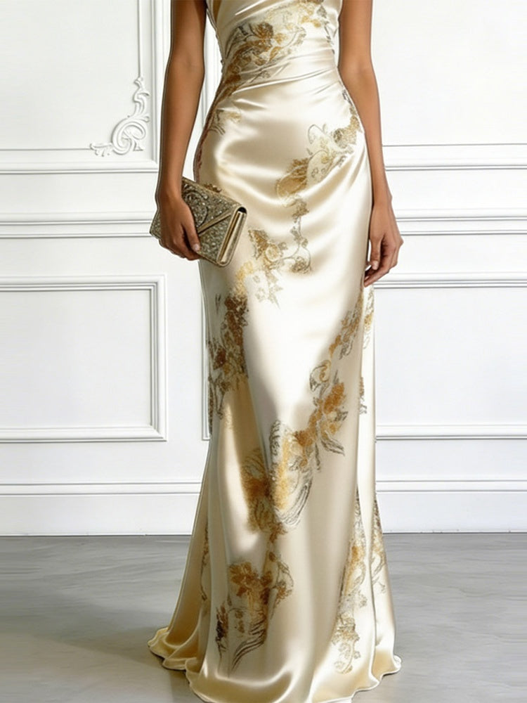 Off-shoulder, One-neck Floral Print Satin Long Dress