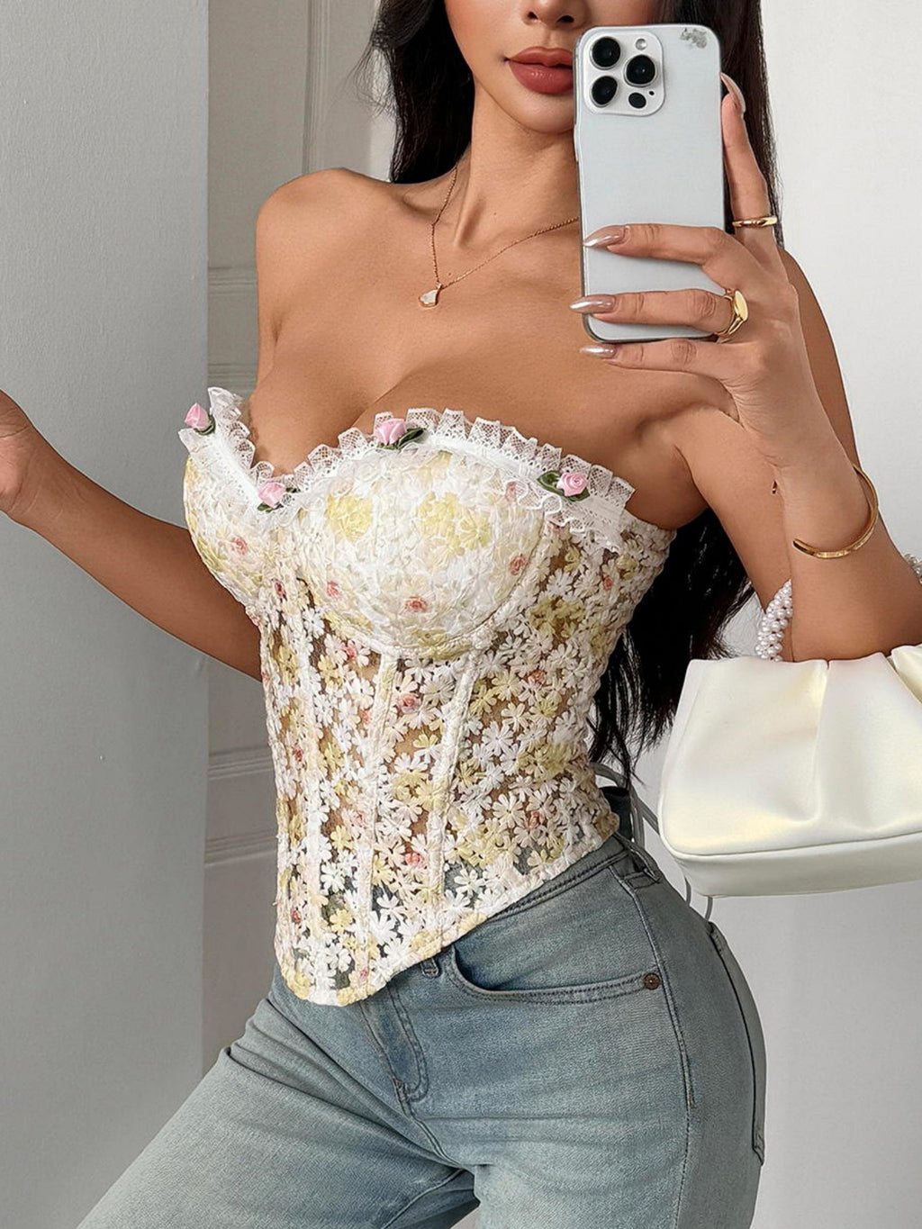 Flower Embroidery See-through Rope Gathering And Cultivating Oneself Strapless Bra