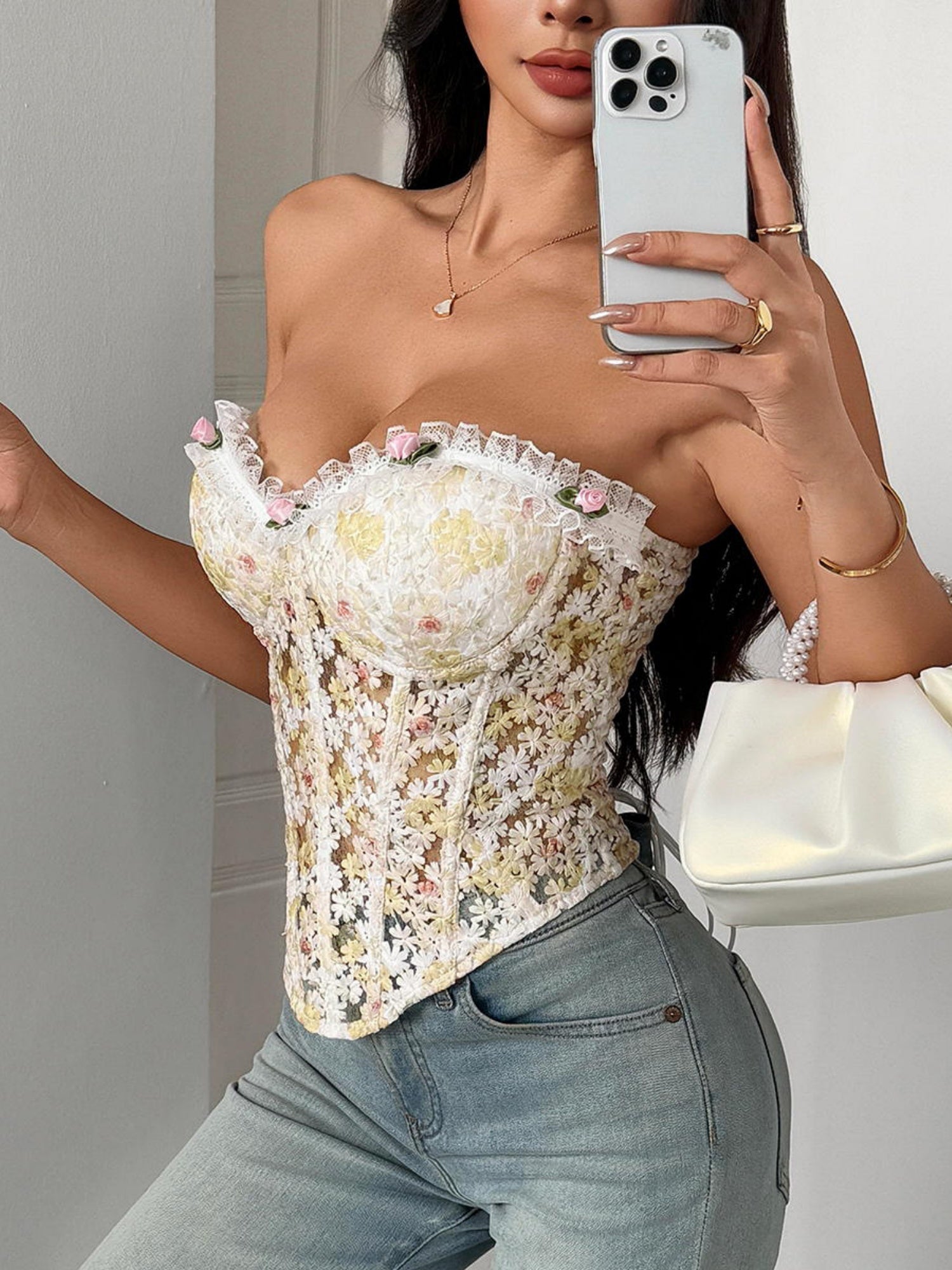 Flower Embroidery See-through Rope Gathering And Cultivating Oneself Strapless Bra