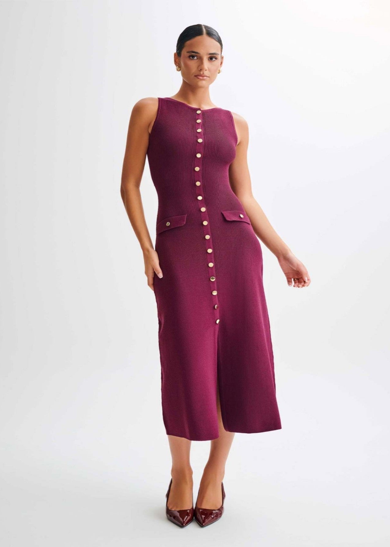 Rib Knit Sleeveless Button Front Flap Pocket Midi Dress