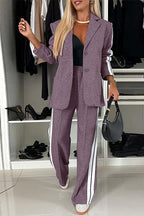 Patchwork Notch Lapel Pocketed Blazer Elastic Waist Wide Leg Pants Casual Set