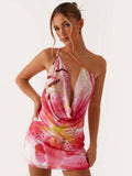 Sexy Print With A Swing Neck And One Shoulder Crossbody Mini&Short Dresses