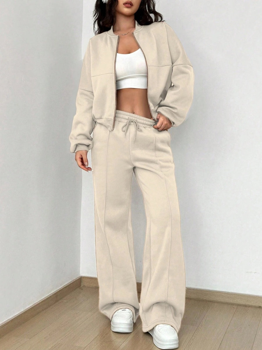 Sports And Leisure Solid Color Crew Neck Zipper 2-piece Sets