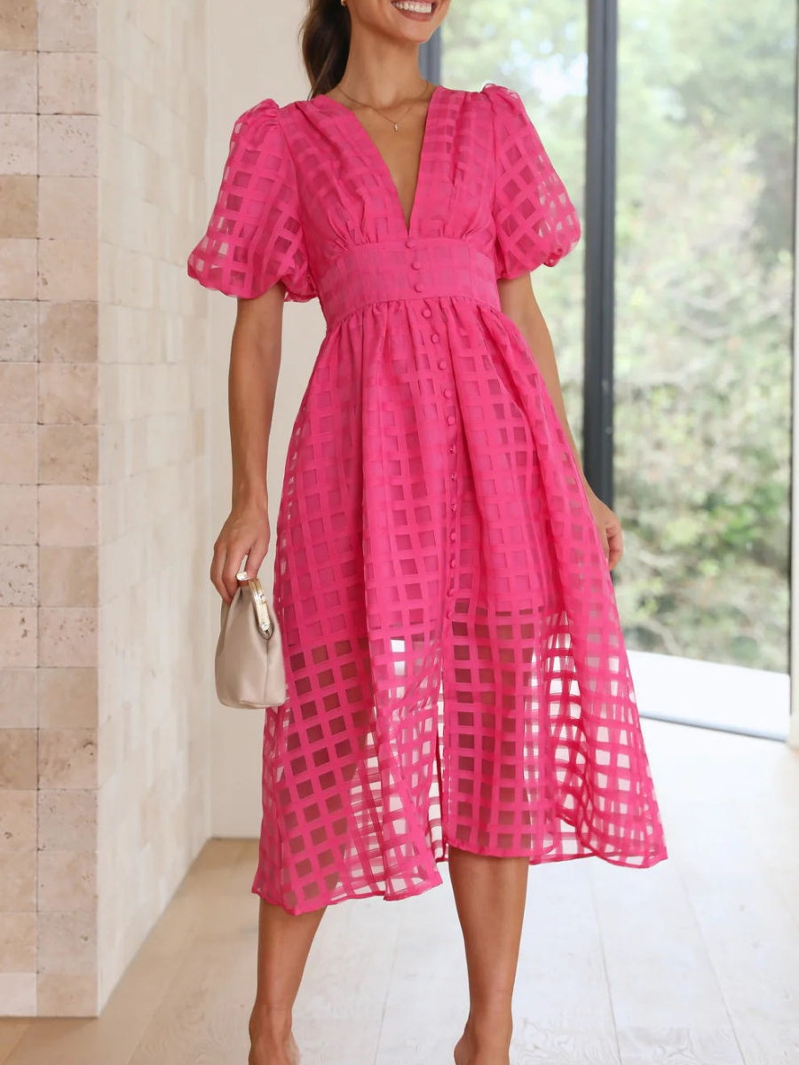 Balloon Sleeve Color Hollow Temperament Midi Dresses
