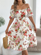Ruffle Printed Vacation Off-shoulder Mini&Short Dresses