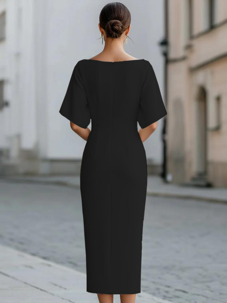 Grace One-shoulder Collar Mid-length Sleeves Slim-fit Midi Dresses
