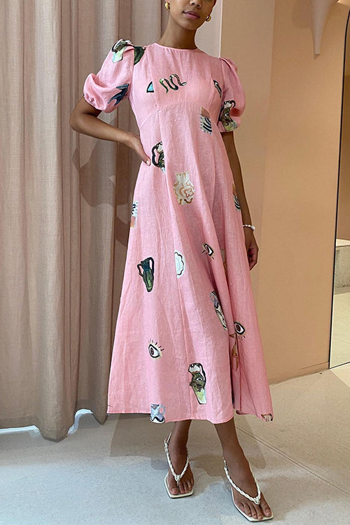 Puff Sleeves Unique Print Swing Midi Dress