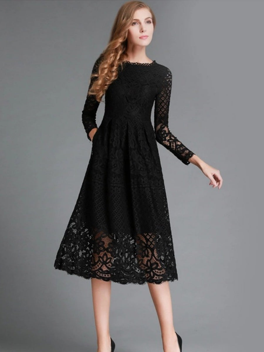 Round Neck Lace Long Sleeve Slim Midi Dress