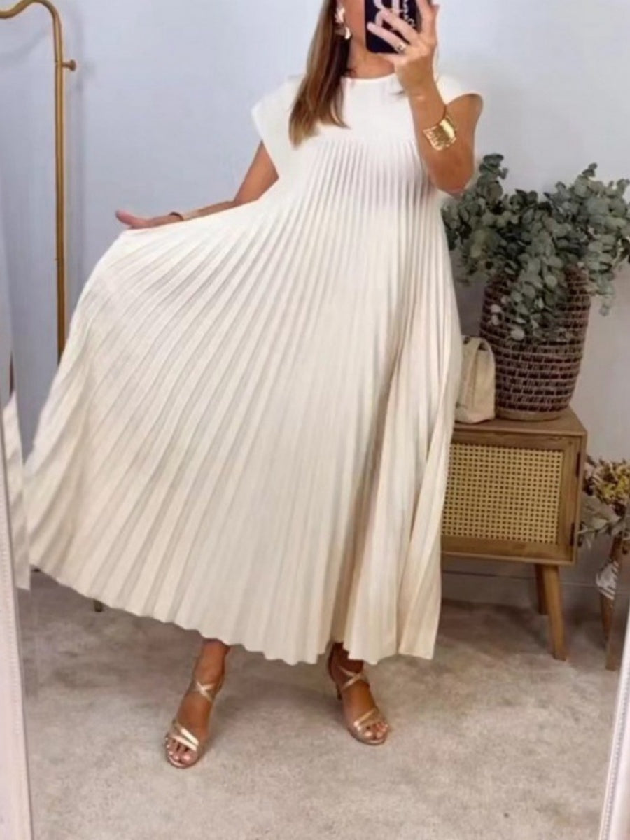Solid Color Round Neck Sleeveless Pleated Long Dress