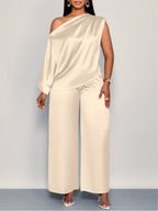 Satin Sloping Shoulders Short Sleeve Jacket Wide-leg Pants Set 2-piece Sets