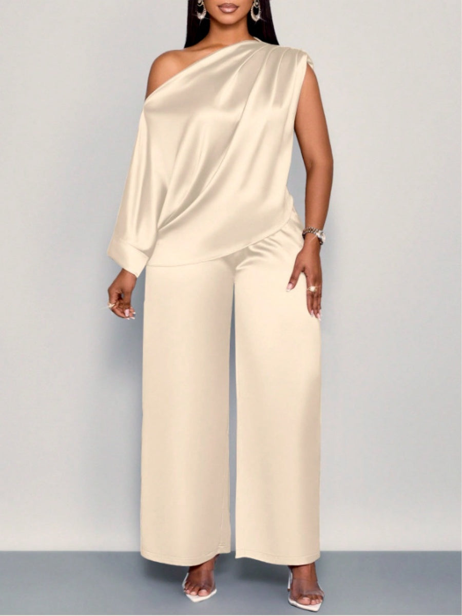 Satin Sloping Shoulders Short Sleeve Jacket Wide-leg Pants Set 2-piece Sets