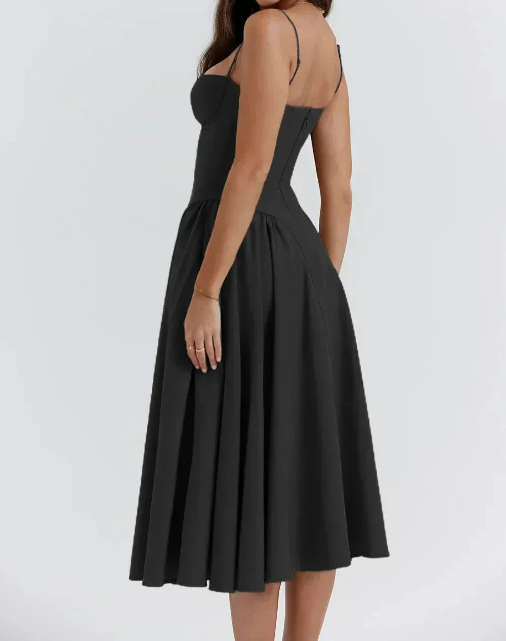 Corset Bodice Basque Waist Pleated A-Line Midi Dress
