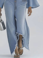 Loose-fitting Solid Color Casual Single-breasted Deep V-neck Denim Jumpsuit