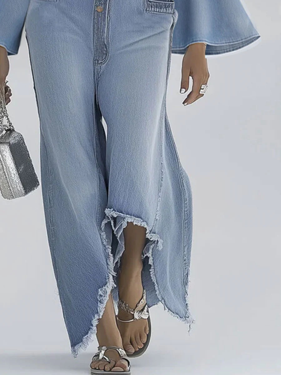 Loose-fitting Solid Color Casual Single-breasted Deep V-neck Denim Jumpsuit