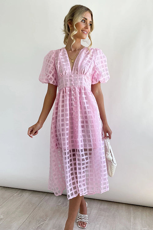 Puff Sleeve Sheer Grid Check Empire Waist Button Front Midi Dress
