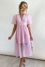 Puff Sleeve Sheer Grid Check Empire Waist Button Front Midi Dress