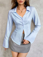 Flared Sleeves Slim-fit Lapel Stripes Shirts